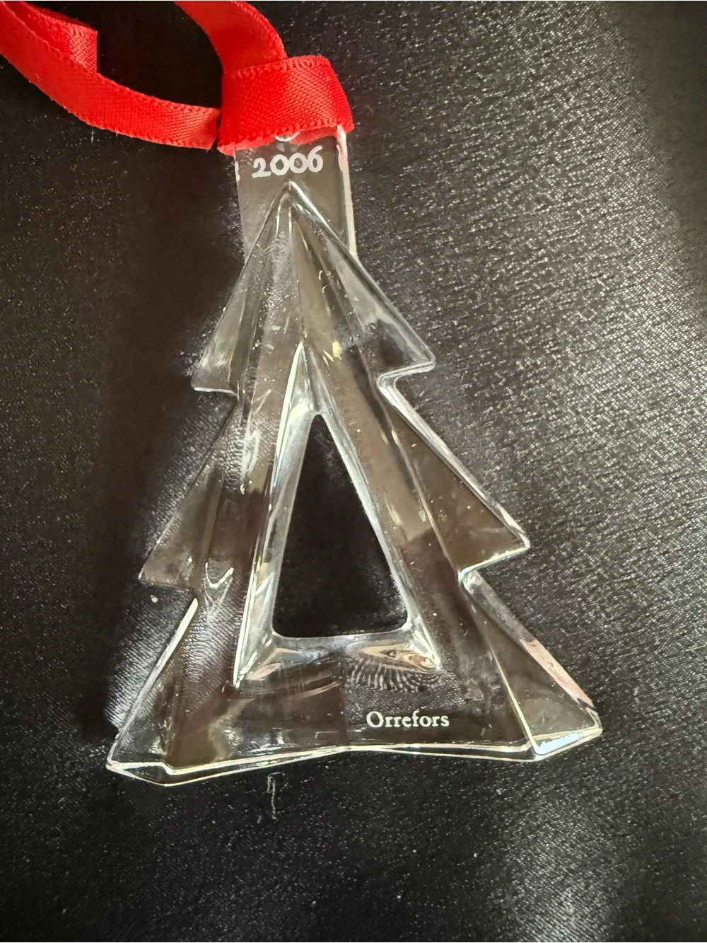 Orrefors 2006 Crystal Tree Ornament with Red Ribbon
